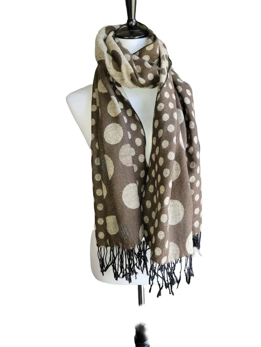 Reversible Brown and Tan Polka Dot Fringe Scarf/Wrap -26
